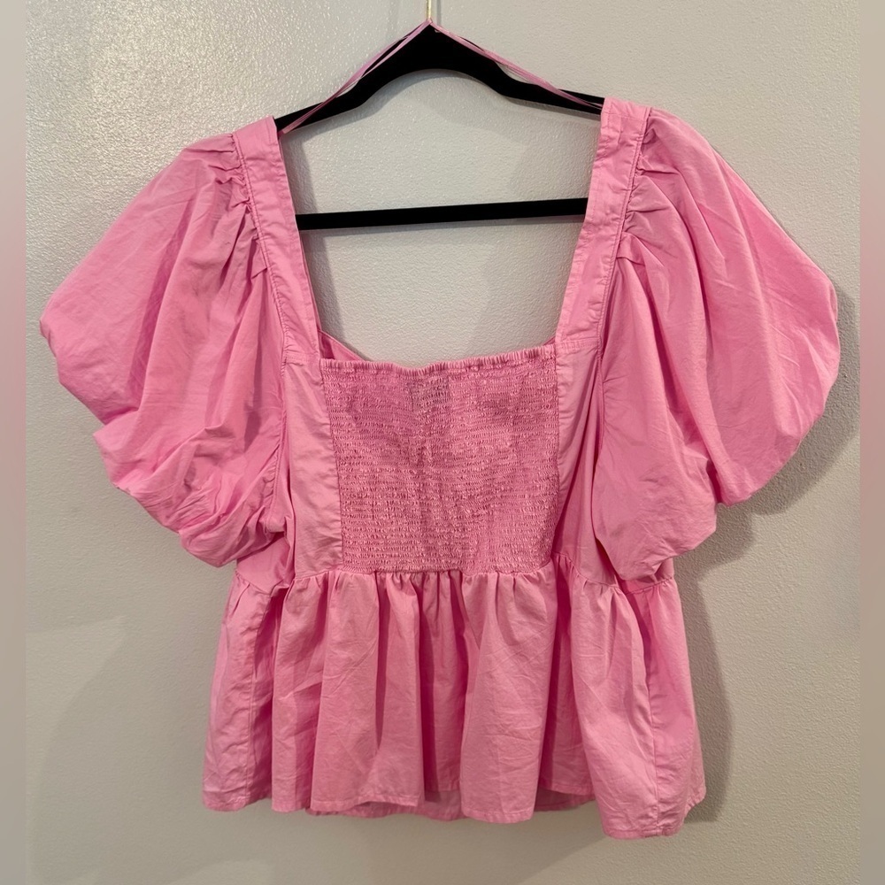 Puff-Sleeve Ruched Smocked Babydoll Swing Blouse Pink XXL - Picture 4 of 7